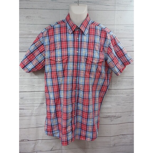 Wrangler American Cowboys Pearl Snaps Shirt Plaid Red Blue Short Sleeve XL - Picture 1 of 9